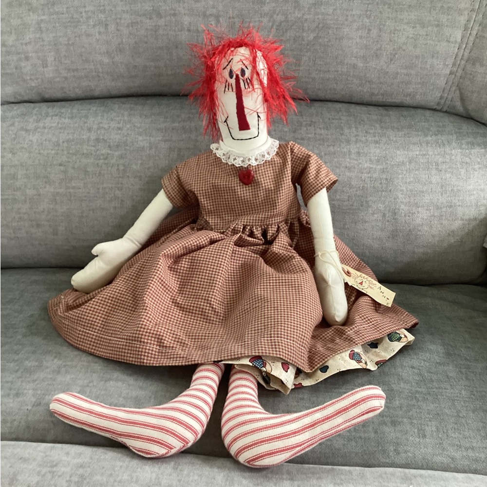 Vintage Handcrafted Rag Doll with Red Hair and Brown Dress